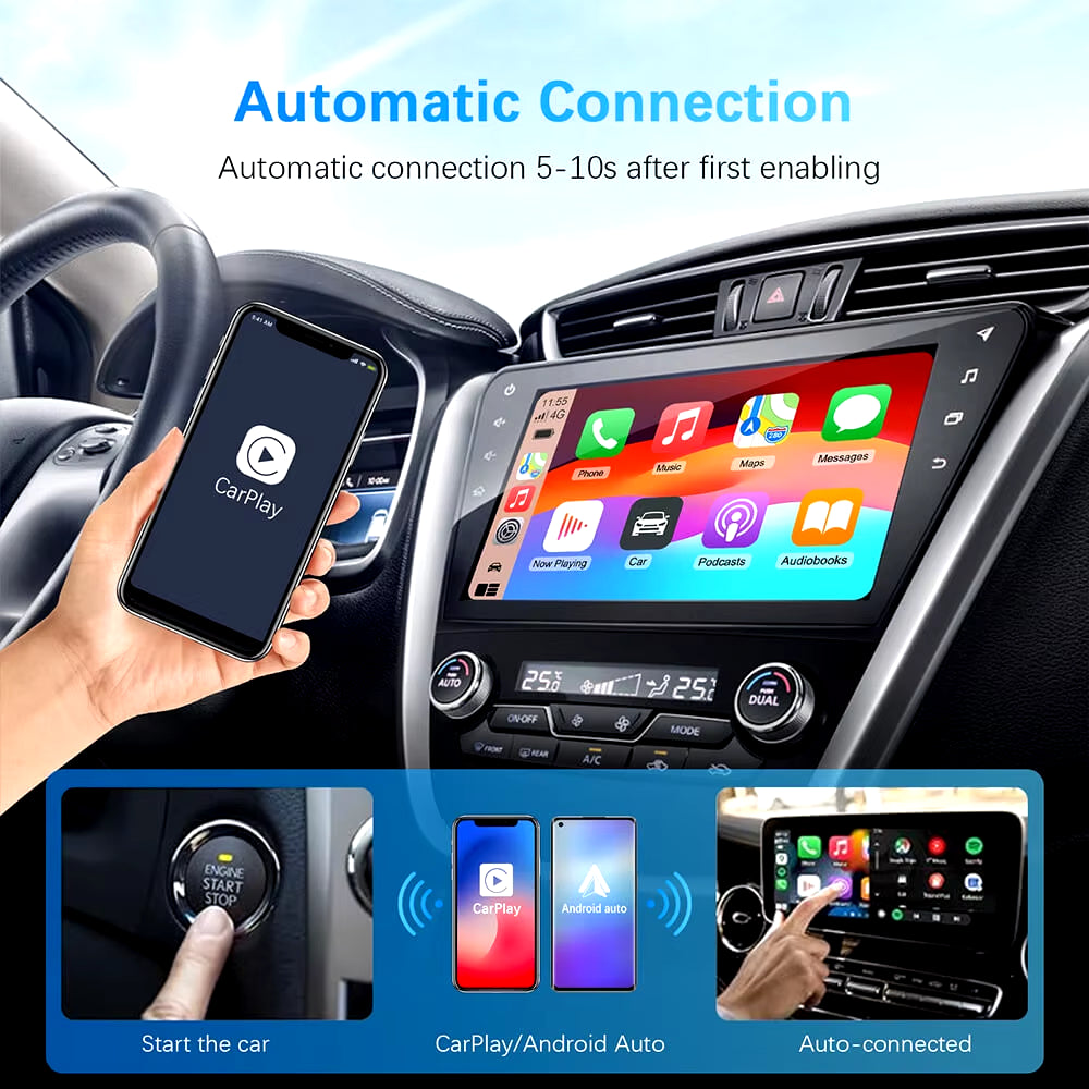2In1 Wired to Wireless Carplay Android Auto Adapter for OEM Car Stereo with USB Plug and Play