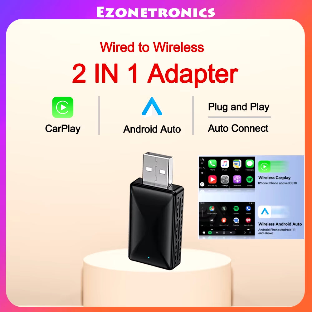 2In1 Wired to Wireless Carplay Android Auto Adapter for OEM Car Stereo with USB Plug and Play