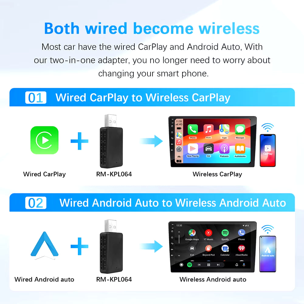 2In1 Wired to Wireless Carplay Android Auto Adapter for OEM Car Stereo with USB Plug and Play
